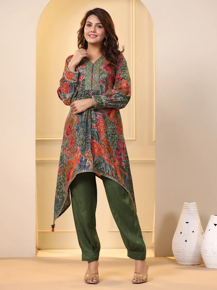 Dark green silk casual kurti set