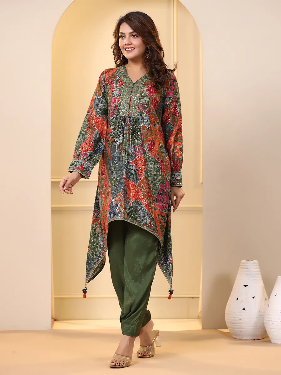 Dark green silk casual kurti set