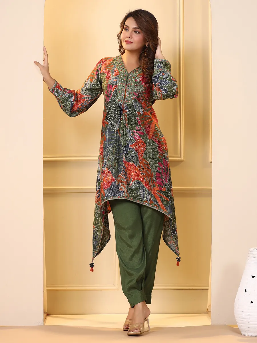 Dark green silk casual kurti set