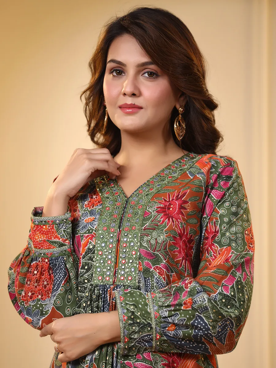 Dark green silk casual kurti set