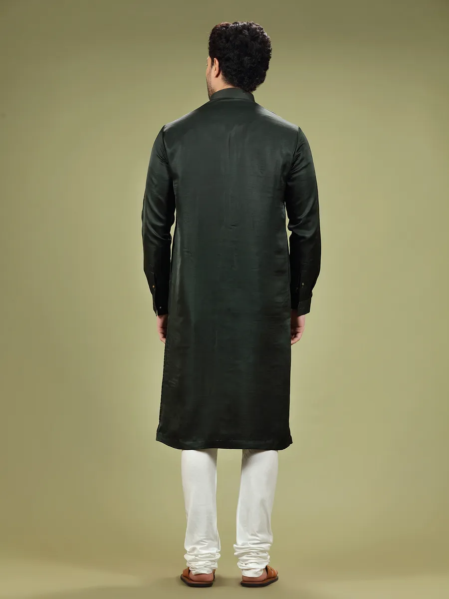 Dark green silk plain  Men Kurta pajama