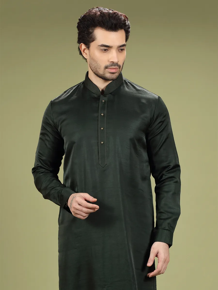 Dark green silk plain  Men Kurta pajama