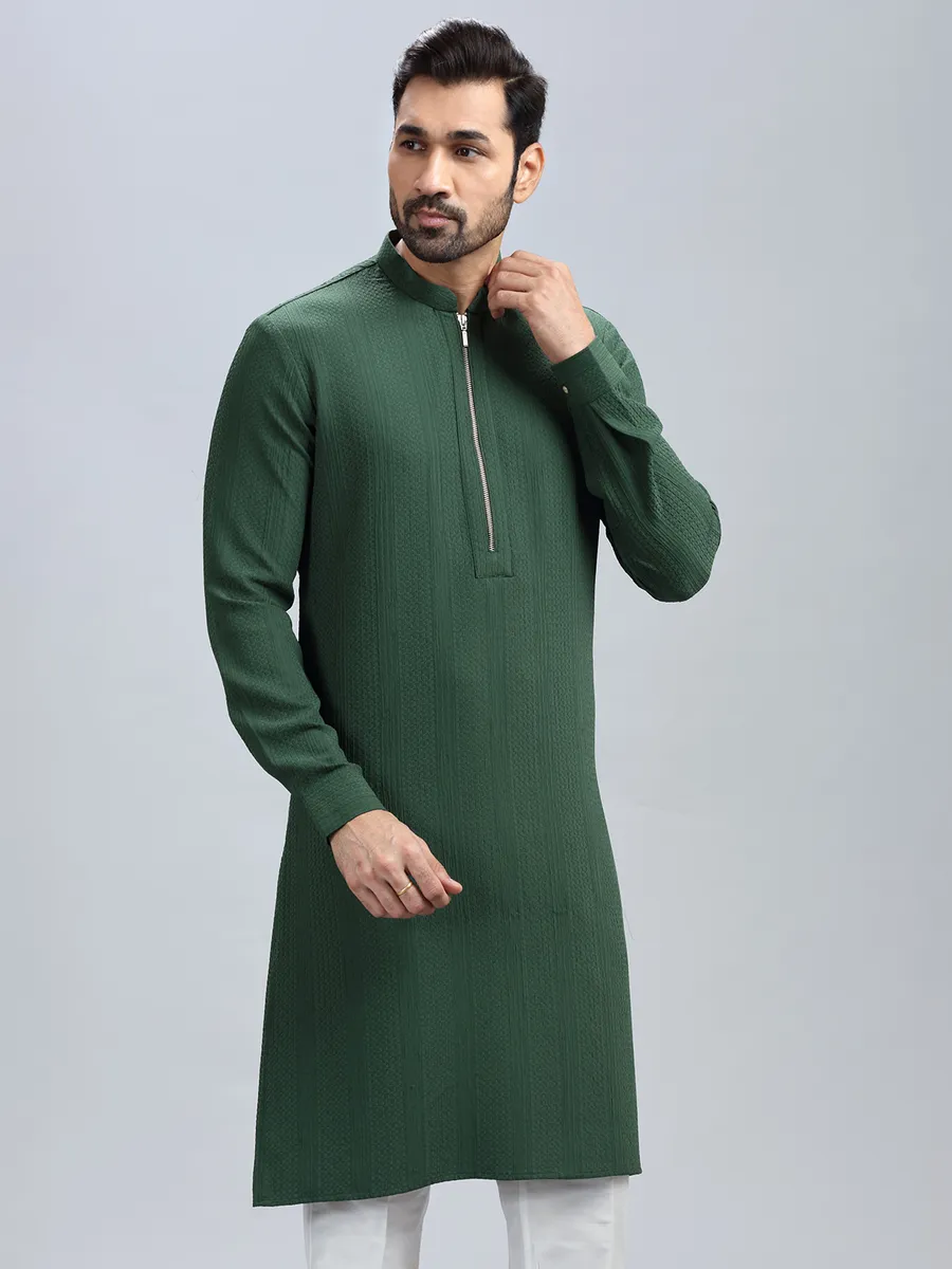 Dark green textured kurta set for men