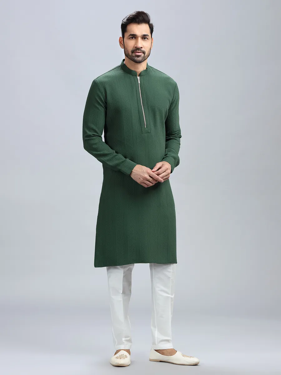 Dark green textured kurta set for men