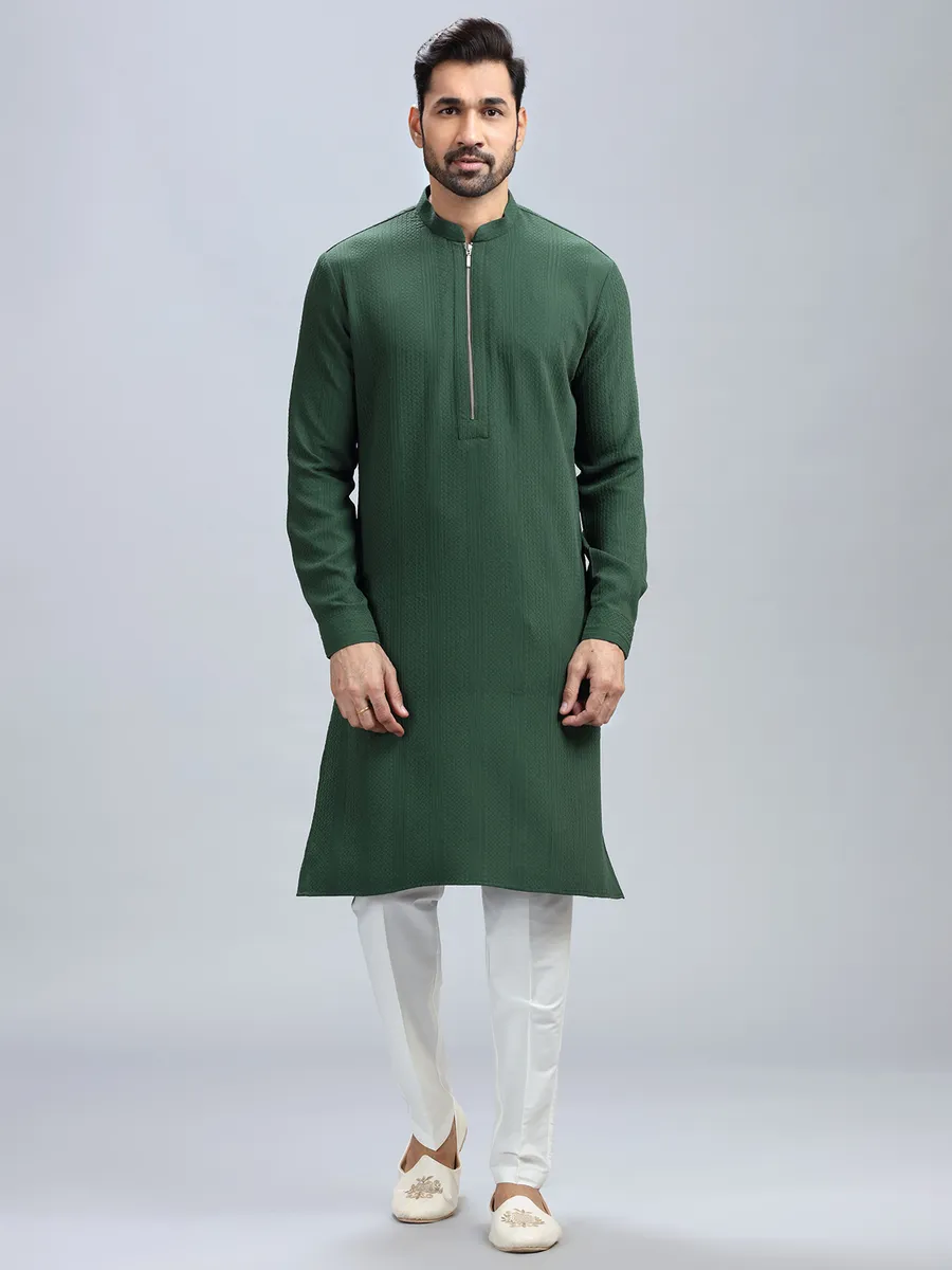 Dark green textured kurta set for men