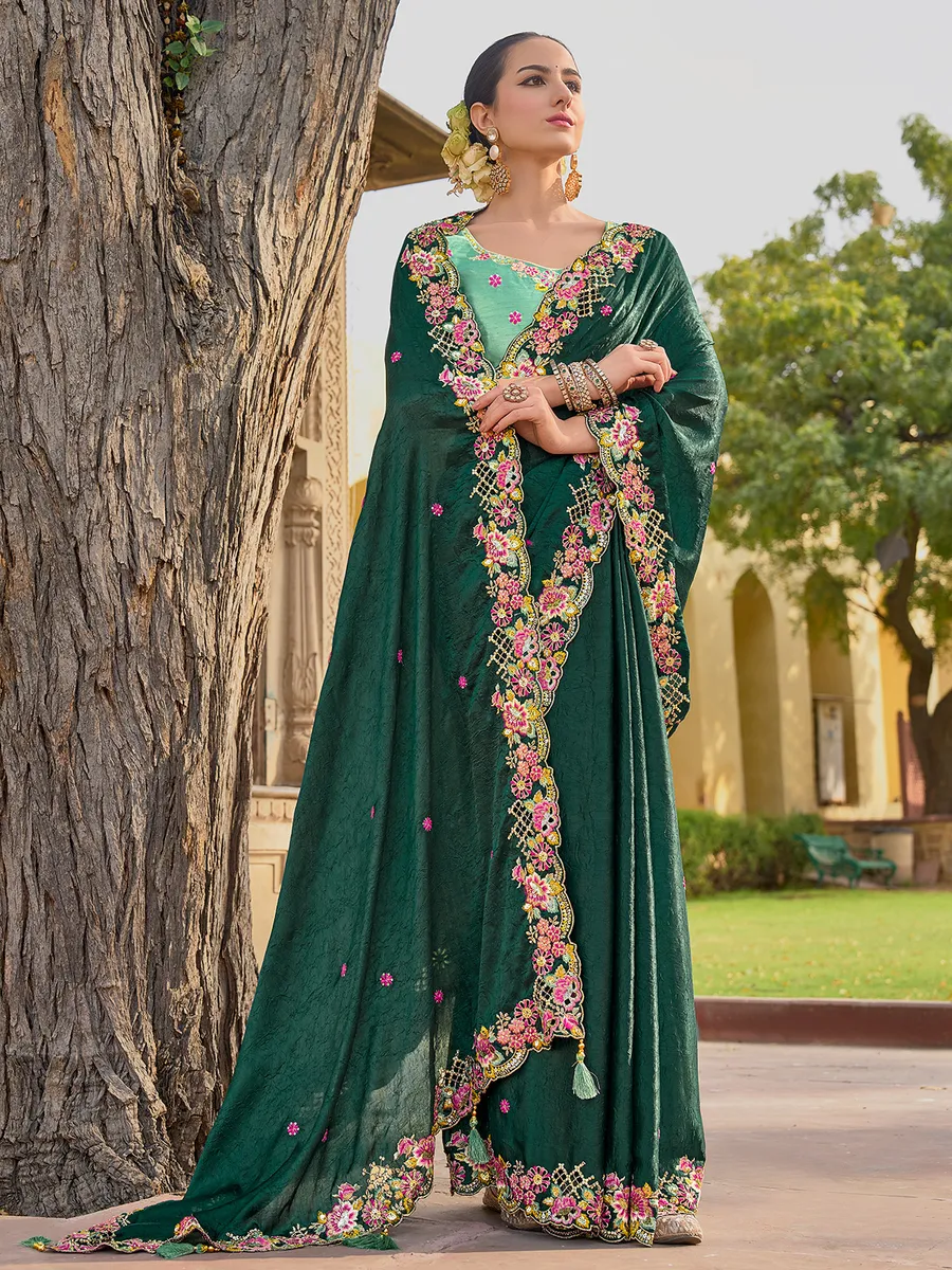 Dark green tissue organza silk saree