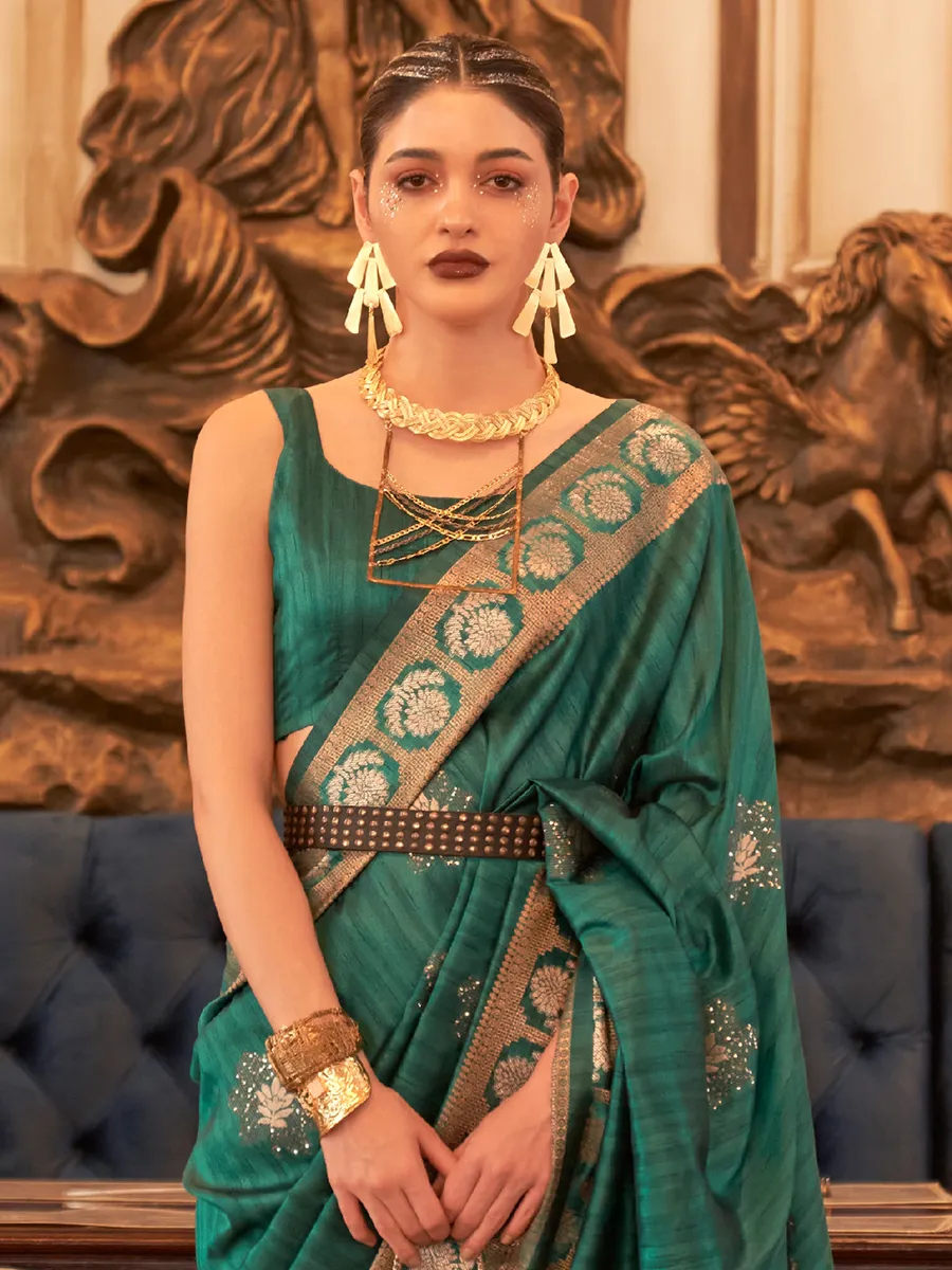 Dark green tussar silk saree