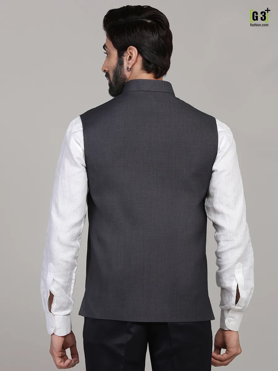 Dark grey solid cotton silk classy waistcoat