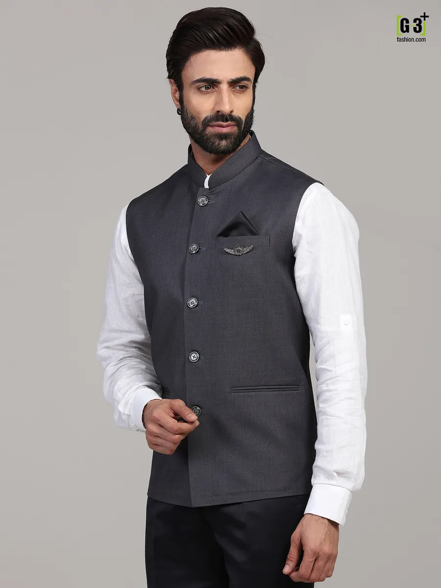 Dark grey solid cotton silk classy waistcoat for men