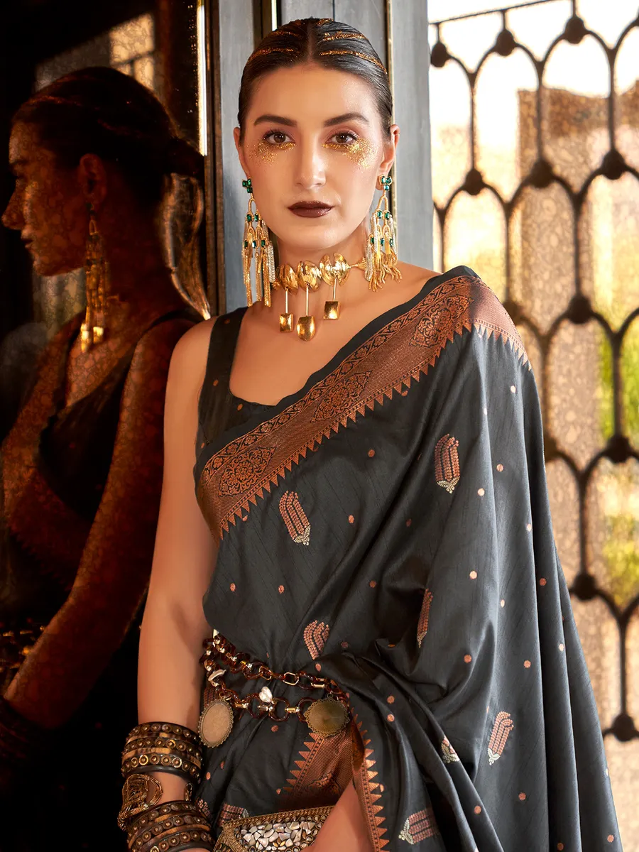 Dark grey tusser silk zari weaving saree