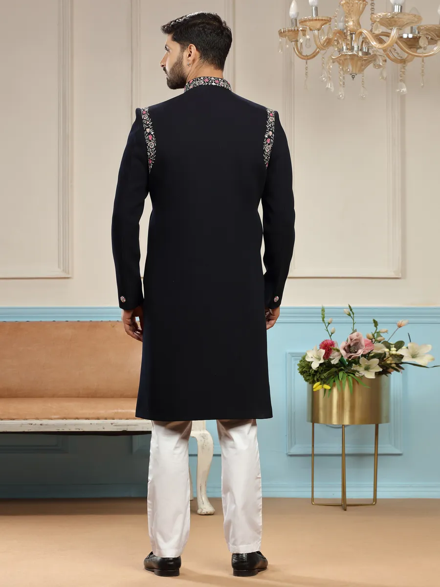 Dark navy terry rayon embroidery sherwani