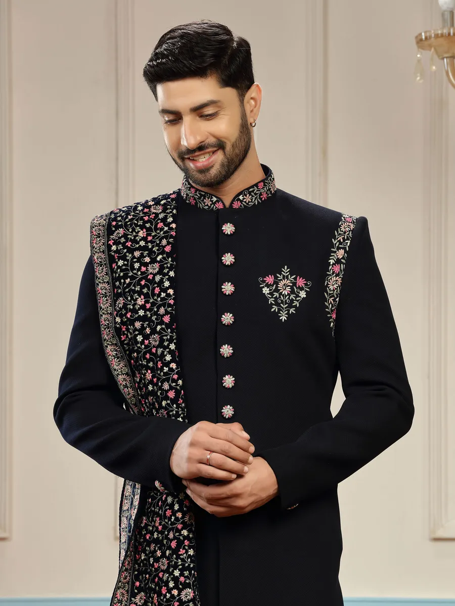 Dark navy terry rayon embroidery sherwani