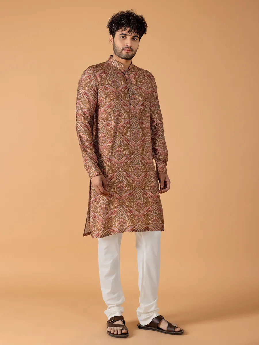 Dark olive silk printed kurta suit