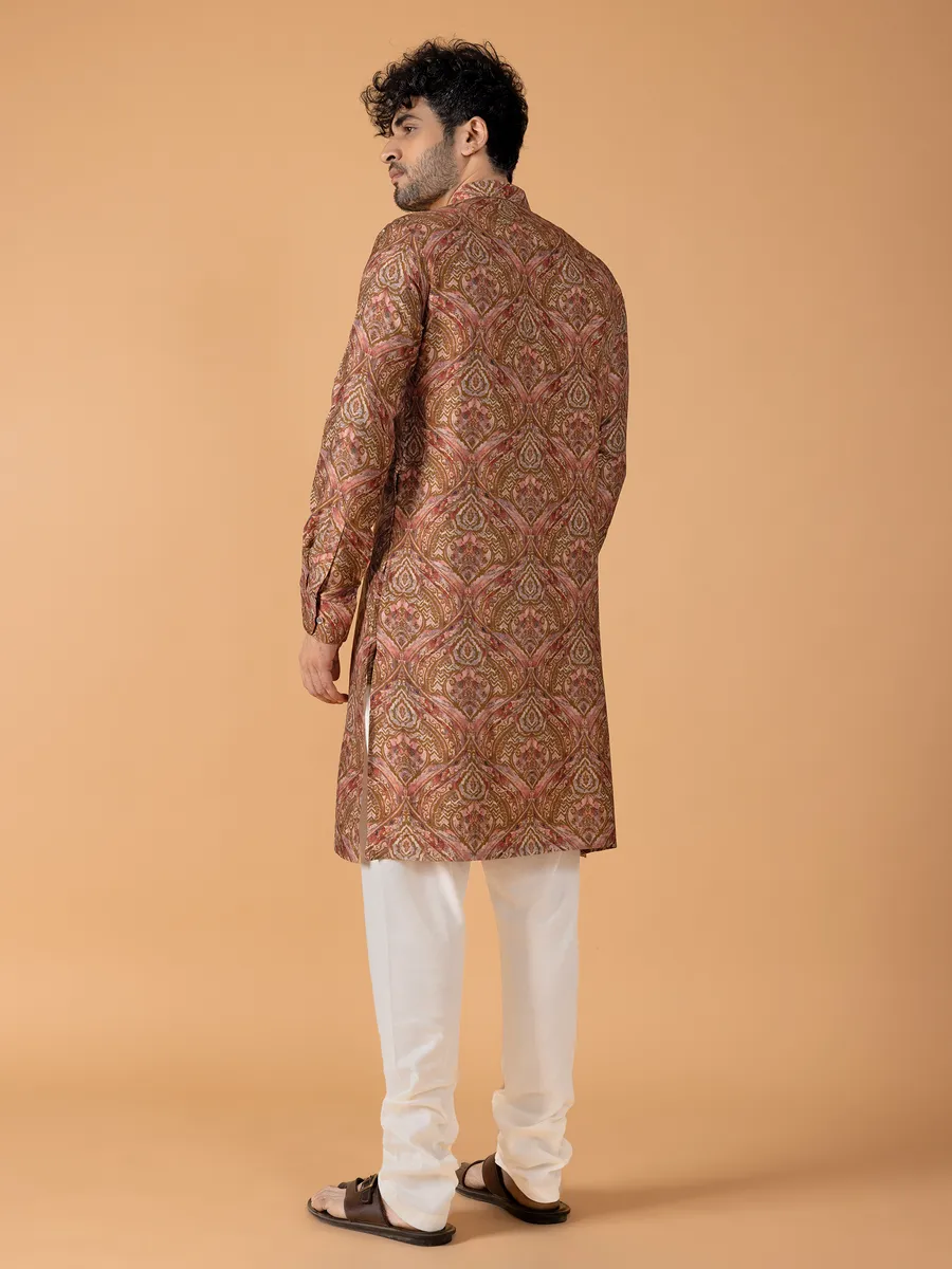 Dark olive silk printed  Men Kurta pajama