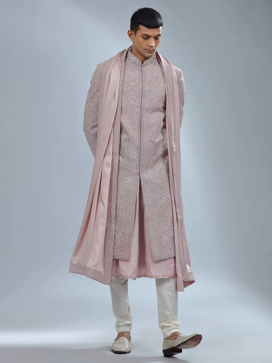 Dark peach peshwai style sherwani for groom