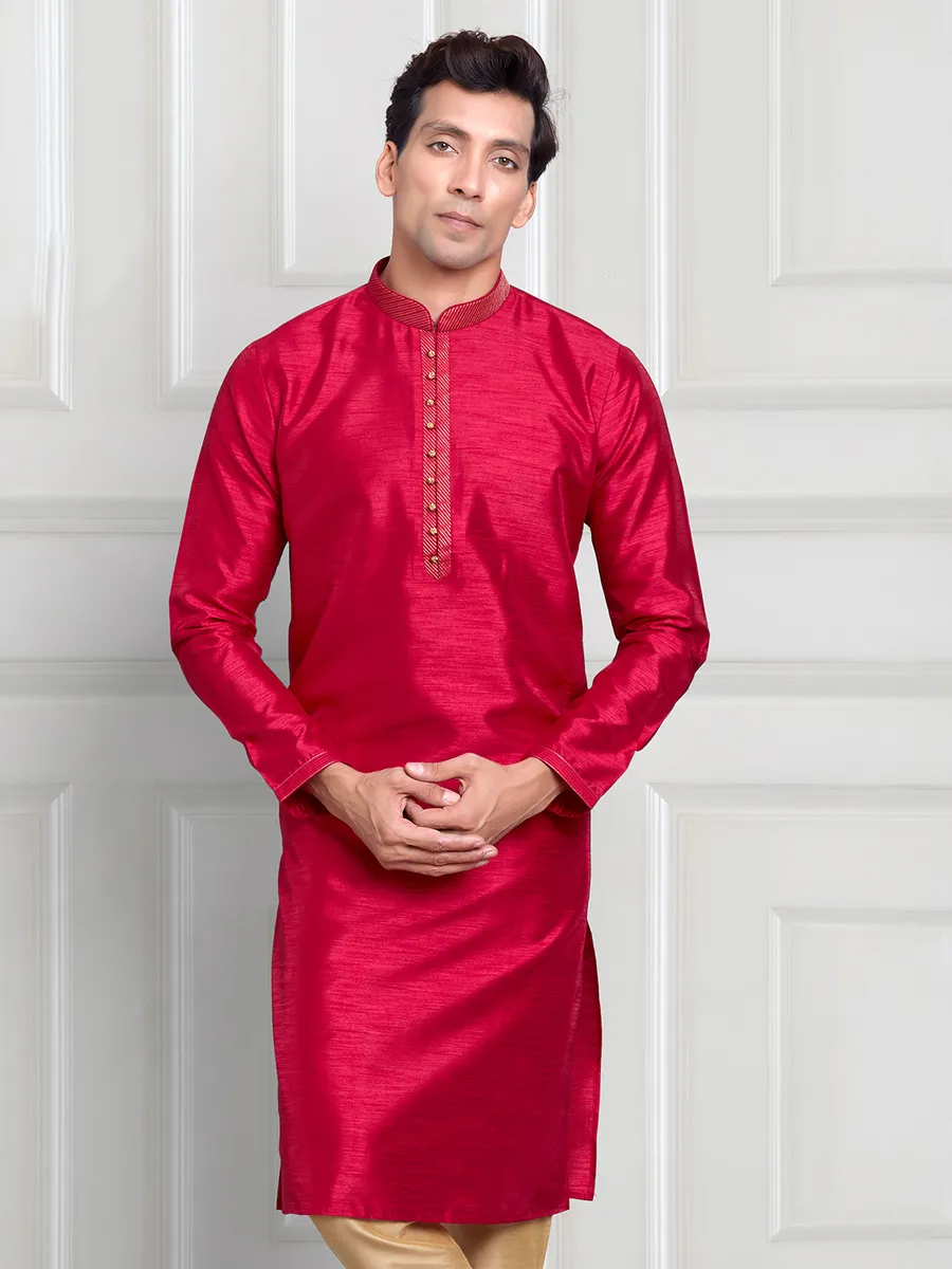 Dark pink cotton silk plain kurta suit