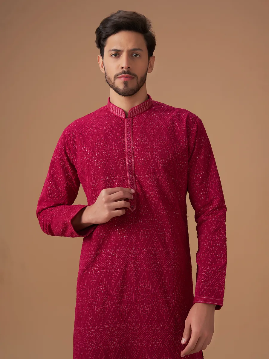 Dark pink georgette  Men Kurta pajama for festive