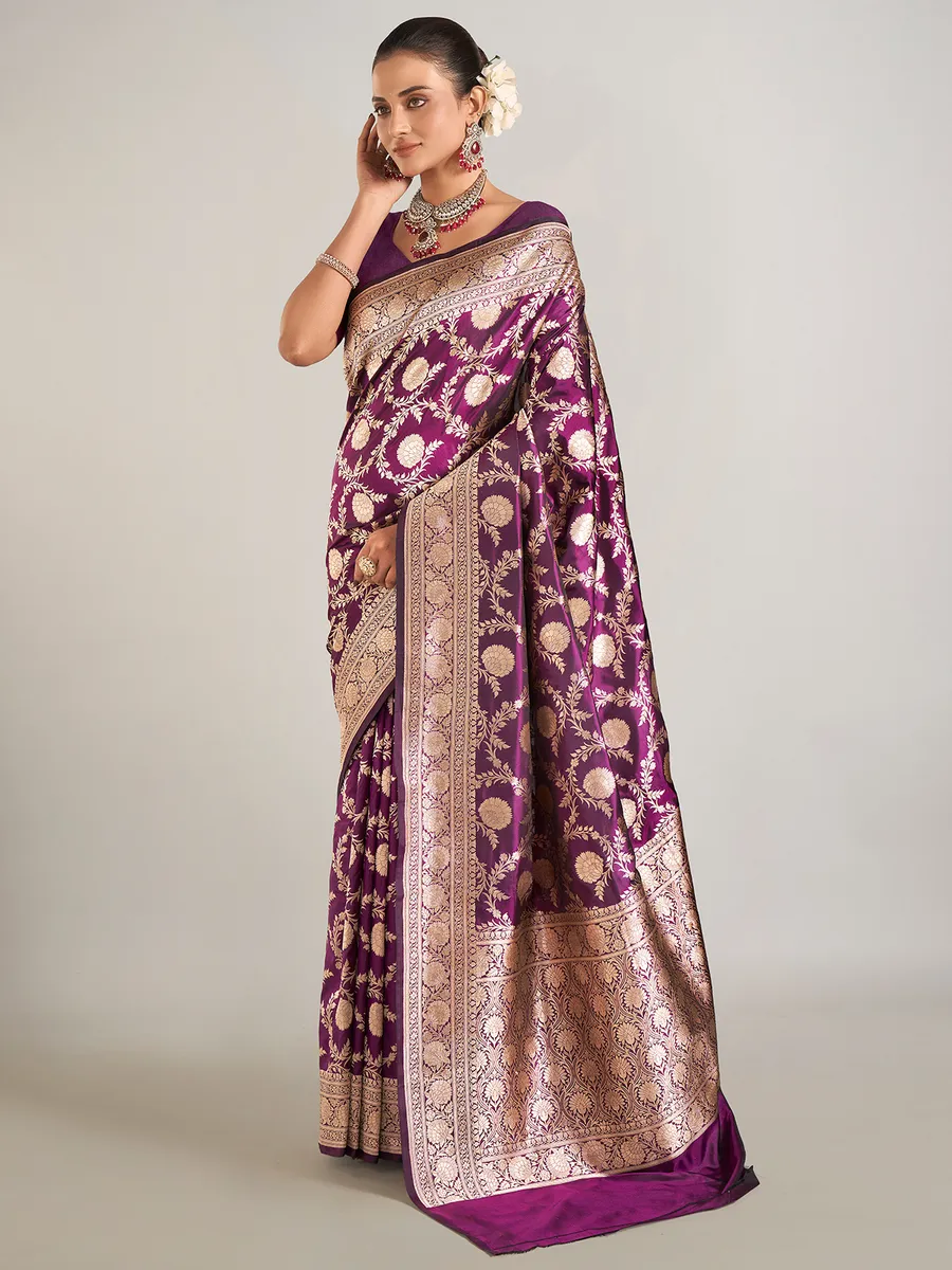 Dark purple banarasi silk saree for wedding wear