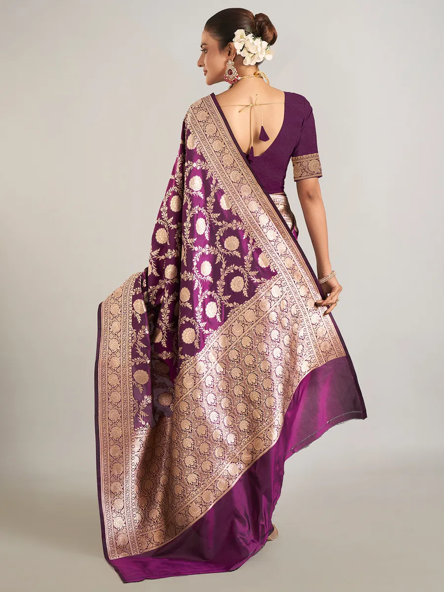 Dark purple banarasi silk saree for wedding wear