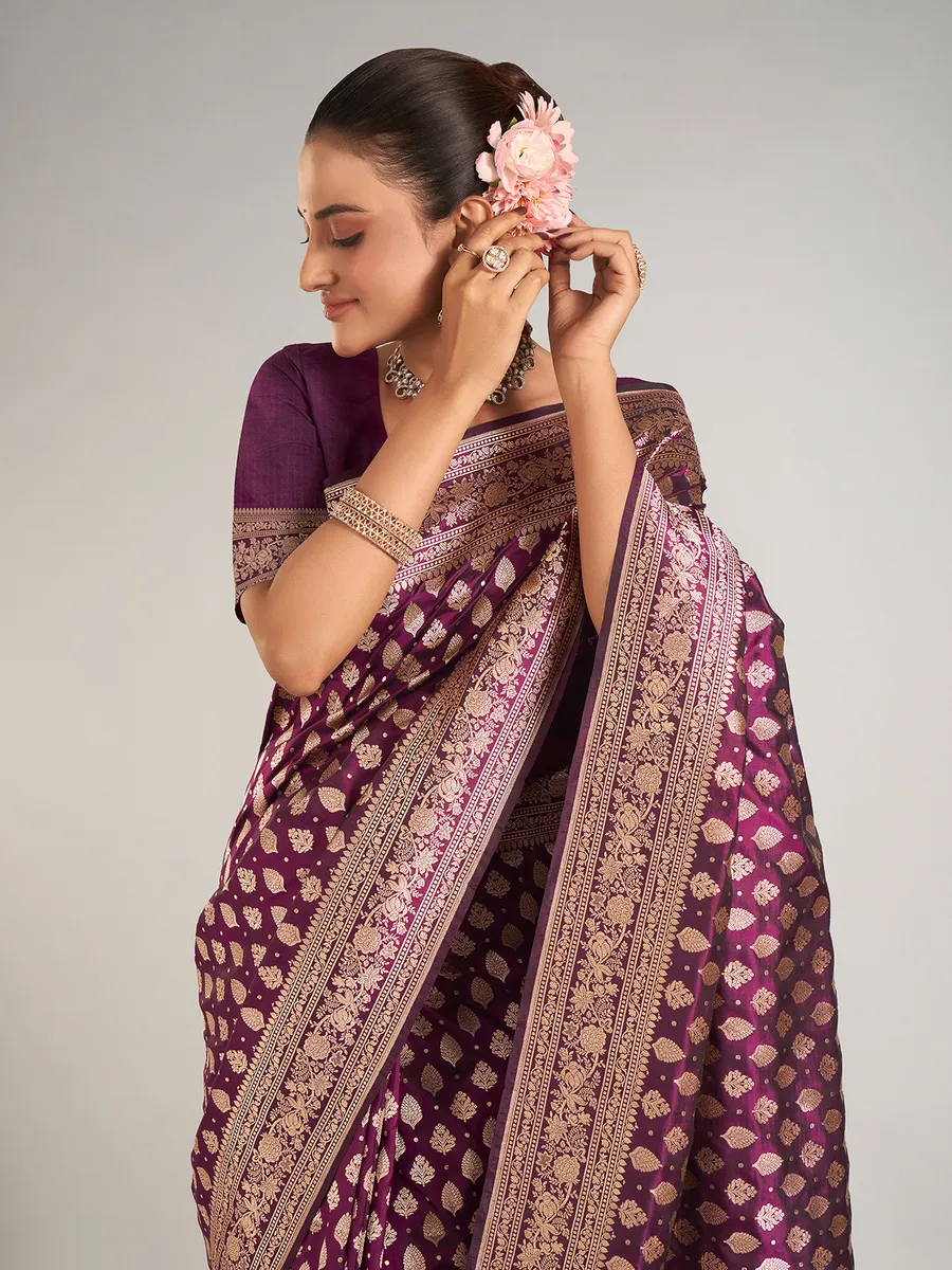 Dark purple banarasi silk zari weaving saree