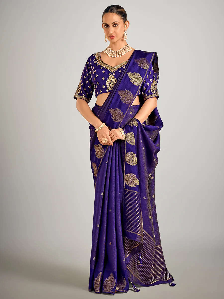Dark purple dola silk zari weaving saree