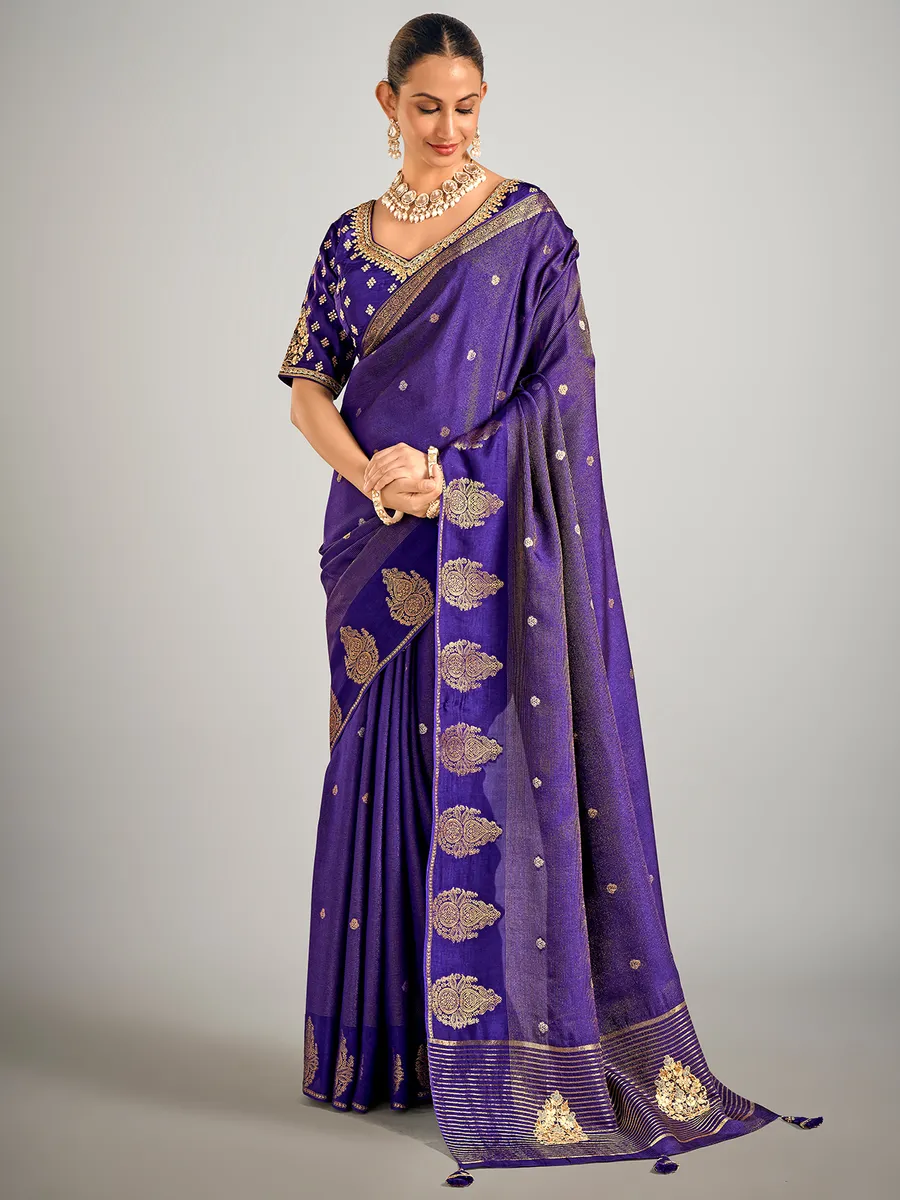 Dark purple dola silk zari weaving saree