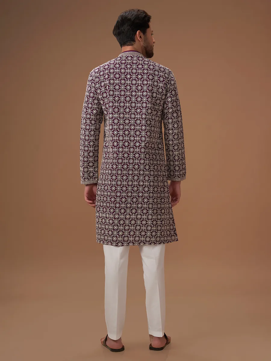 Dark purple embroidery kurta suit