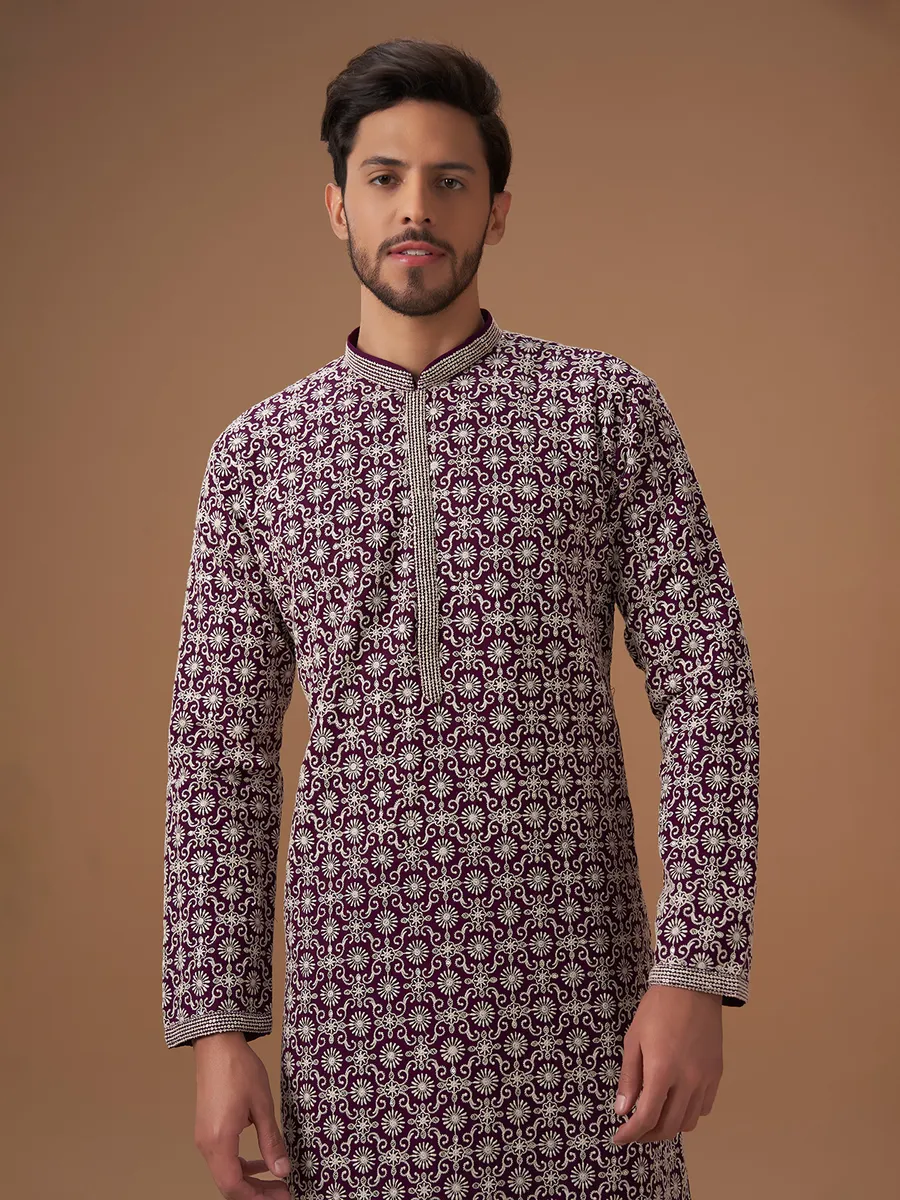 Dark purple embroidery kurta suit