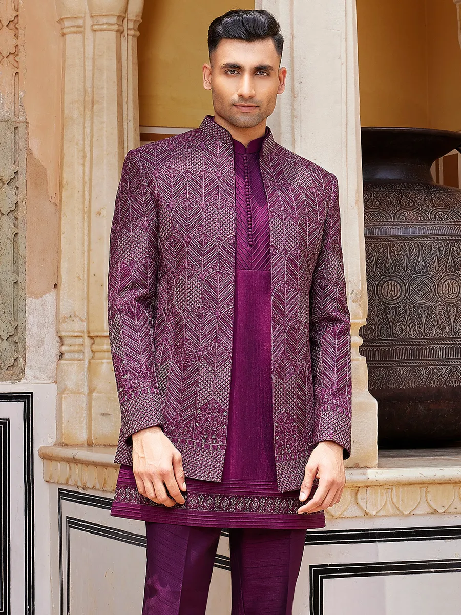 Dark purple luxurious indo western for men