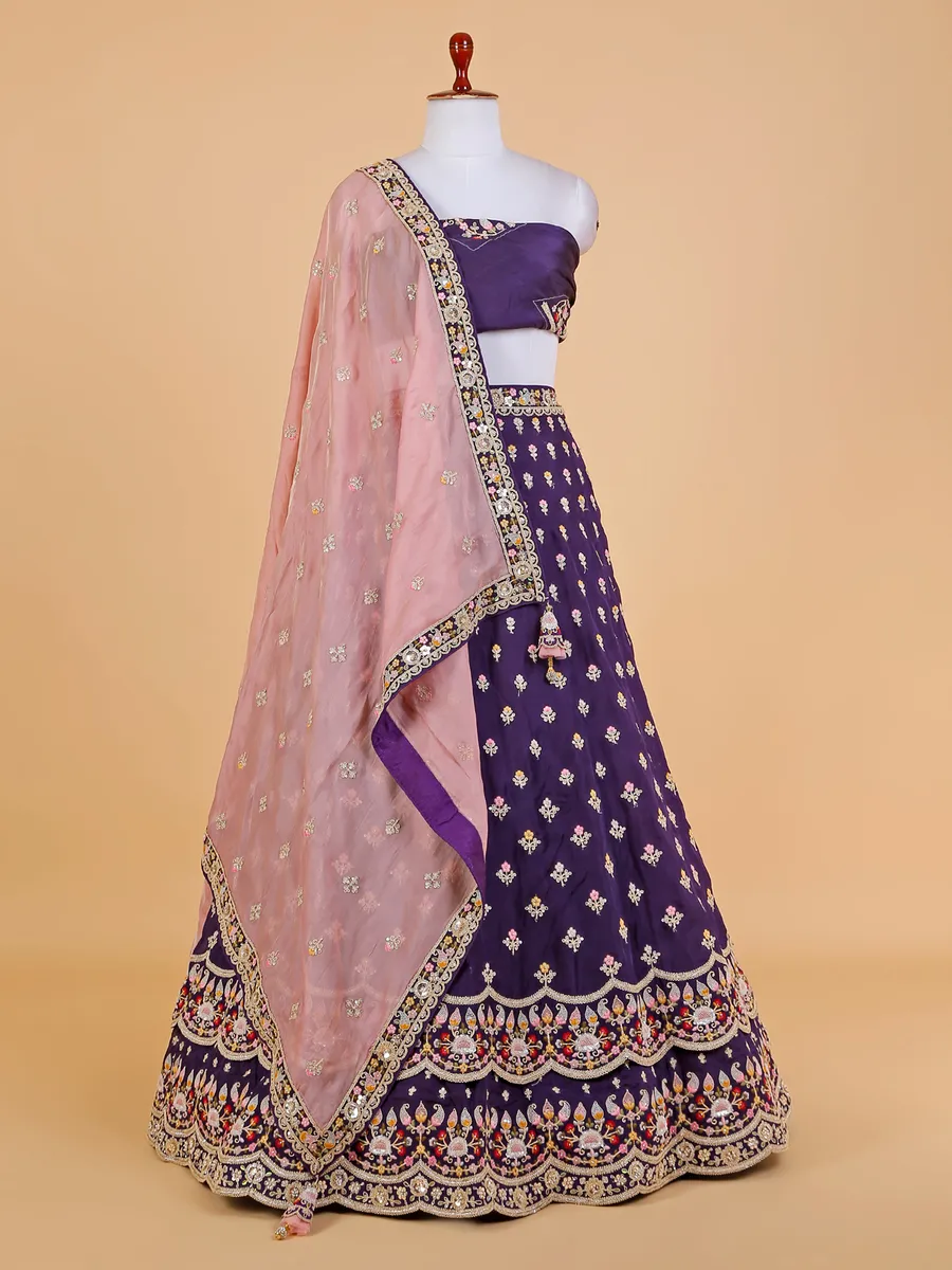 Dark purple silk unstitched lehenga choli