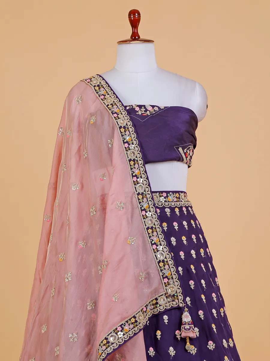 Dark purple silk unstitched lehenga choli