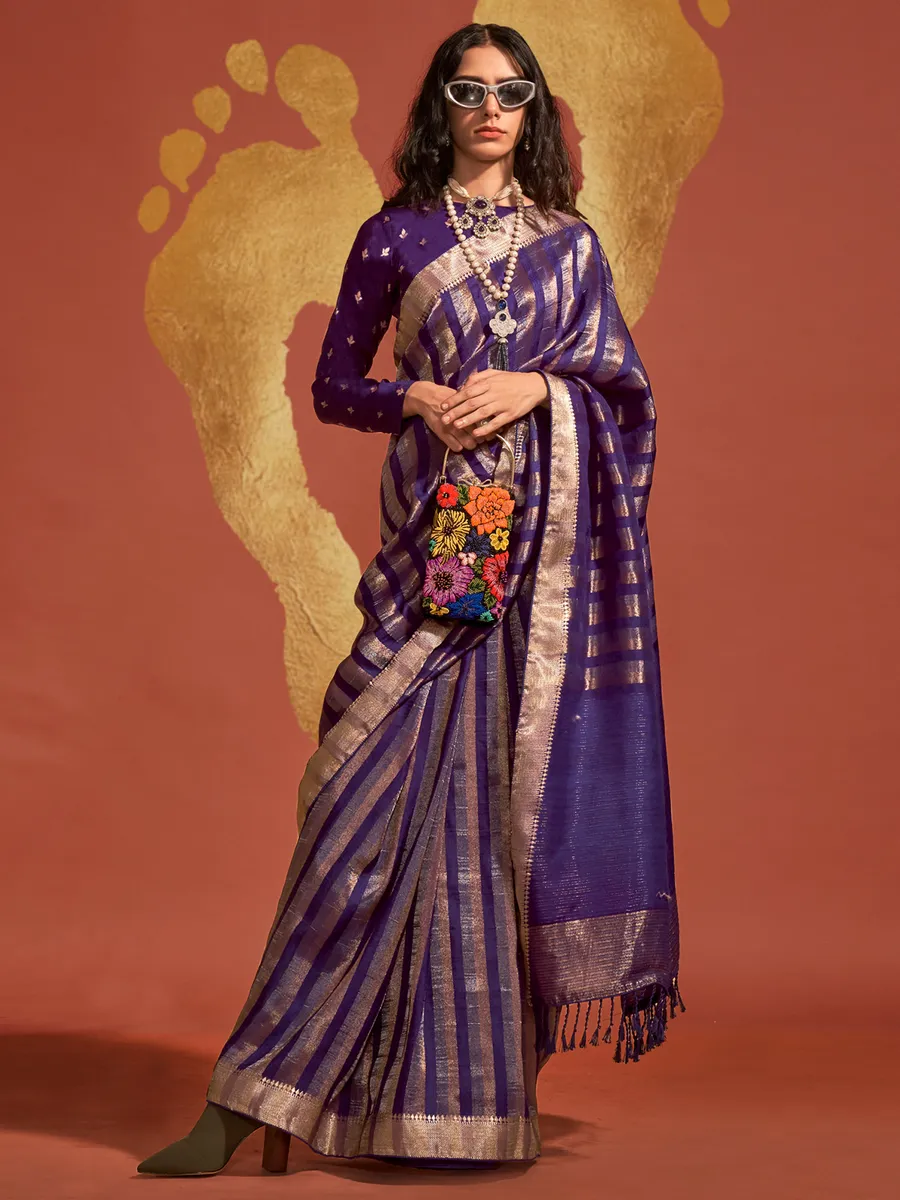 Dark purple zari weaving saree in silk