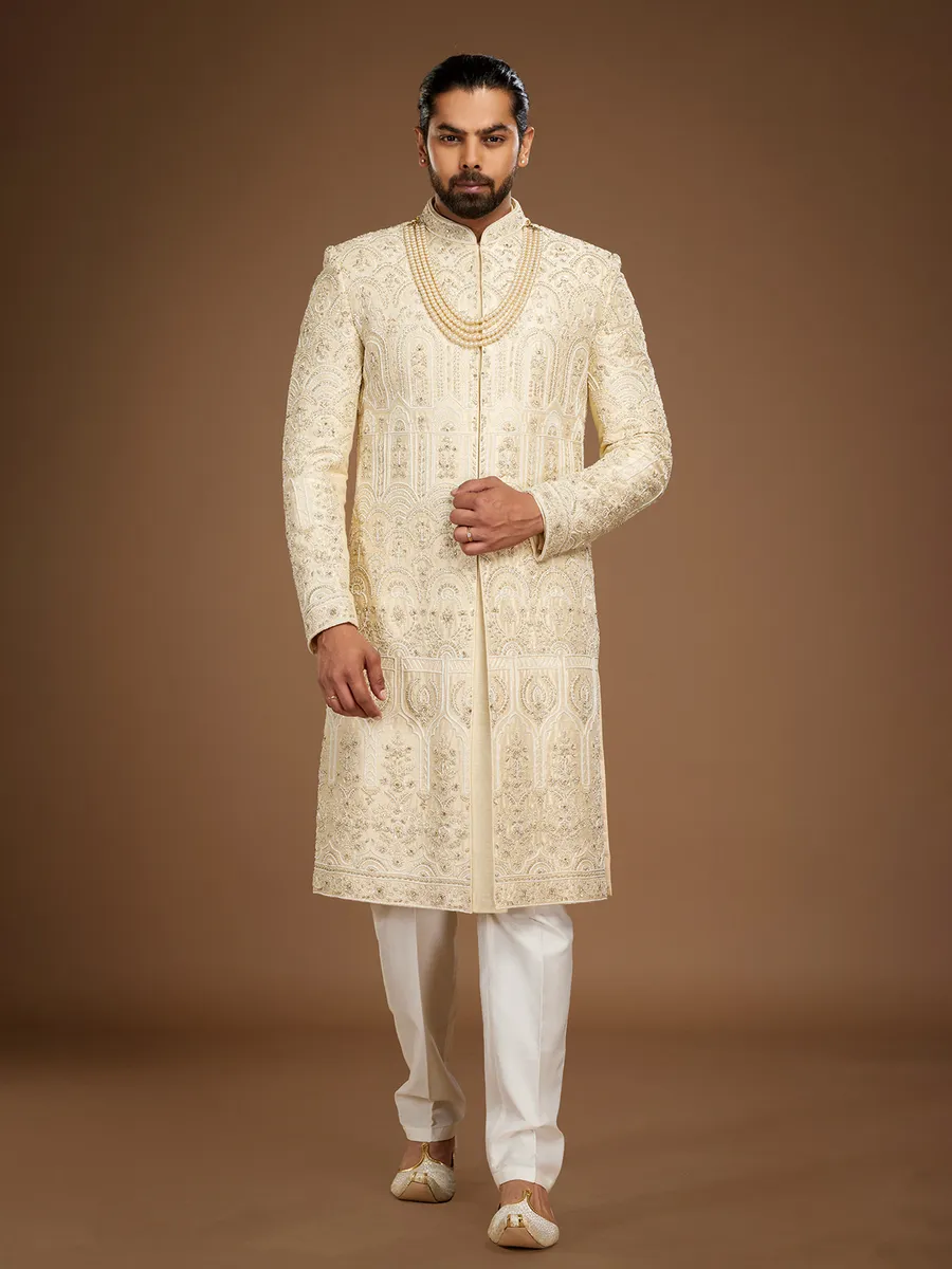 Dashing cream raw silk sherwani