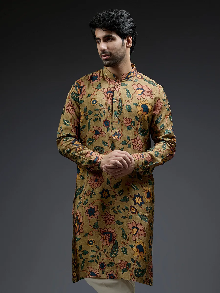 Dashing mehndi green flower printed silk kurta suit
