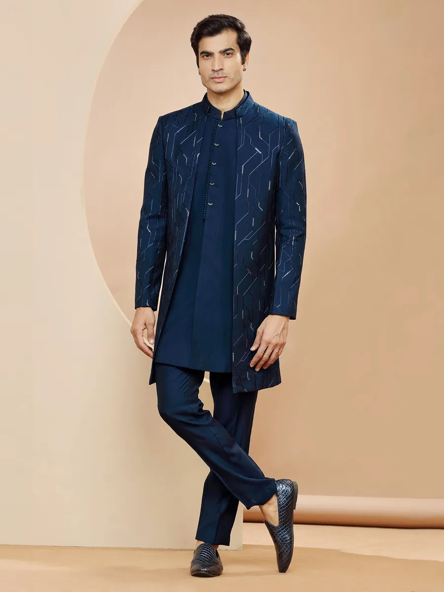 Dazzling dark blue raw silk indowestern