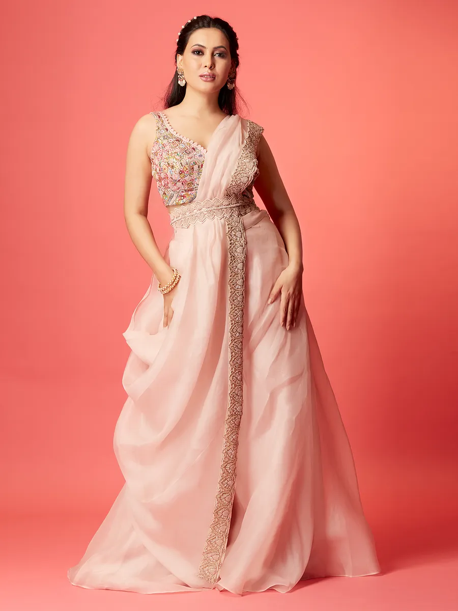 Dazzling light pink organza palazzo suit