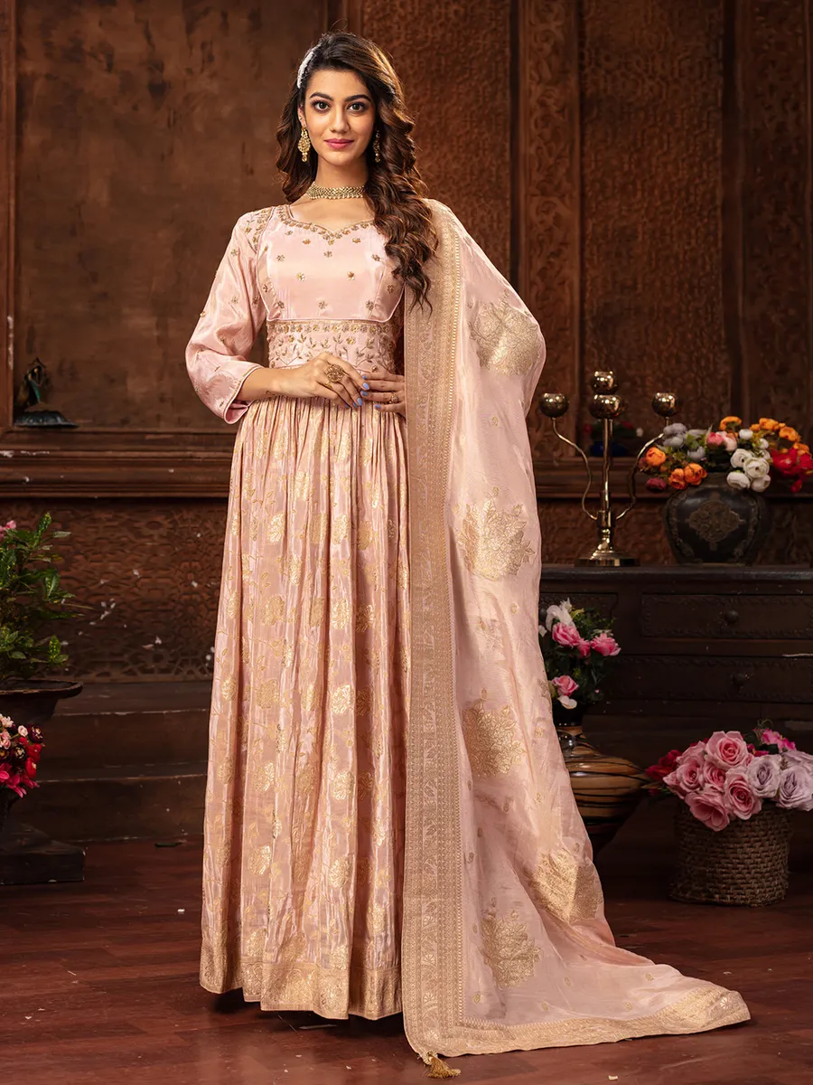 Dazzling light pink silk anarkali suit