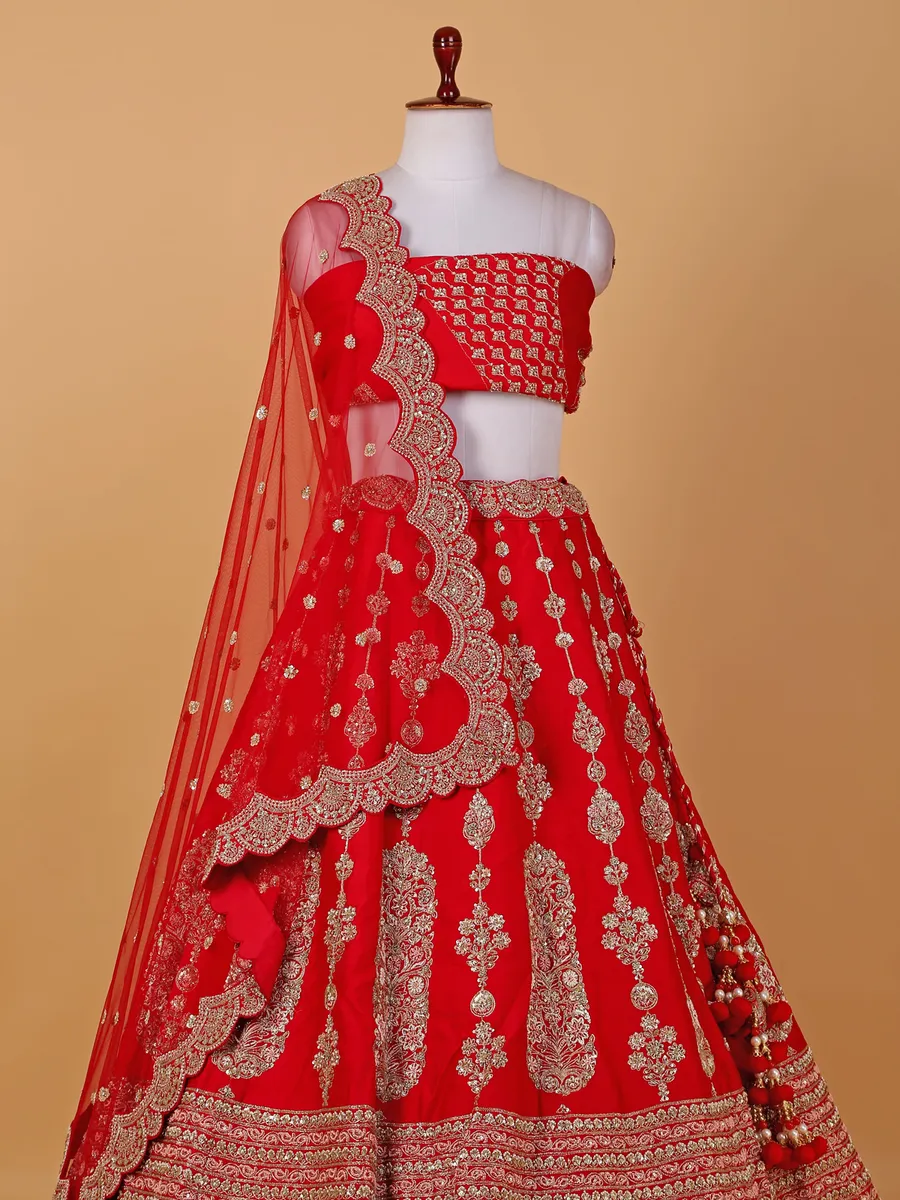 Dazzling red unstitched bridal lehenga choli