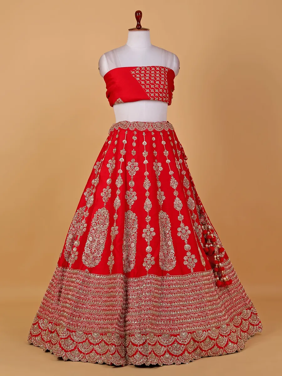 Dazzling red unstitched bridal lehenga choli