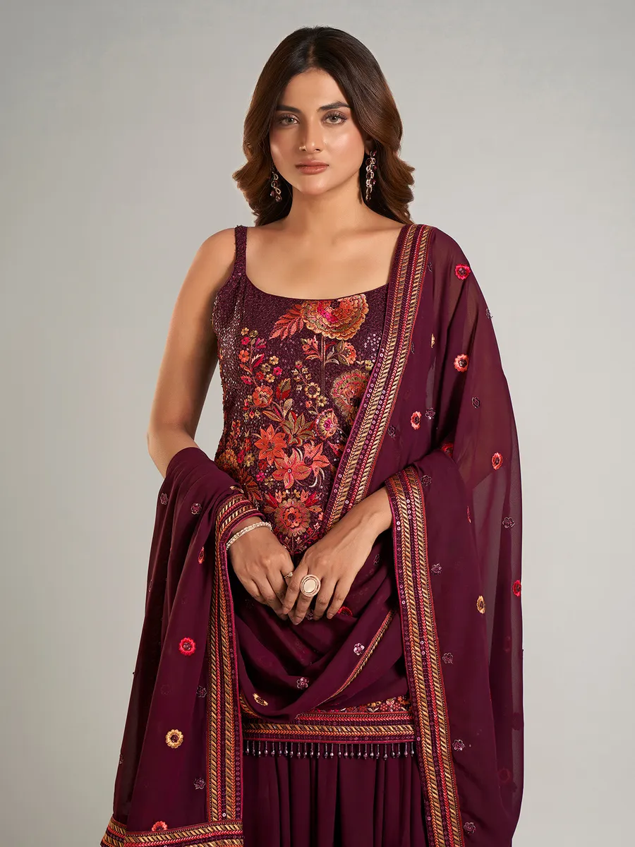 Dazzling wine georgette suit with dupatta