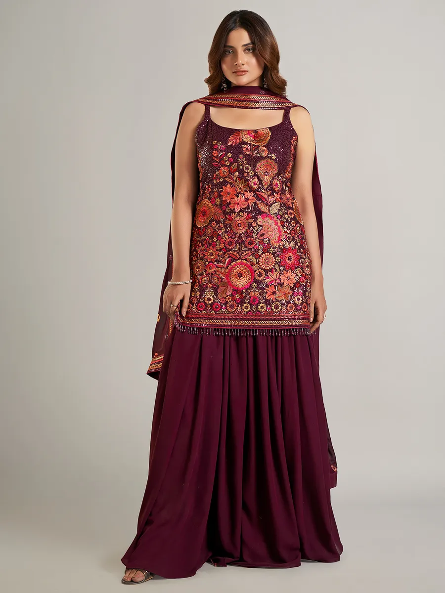 Dazzling wine georgette suit with dupatta
