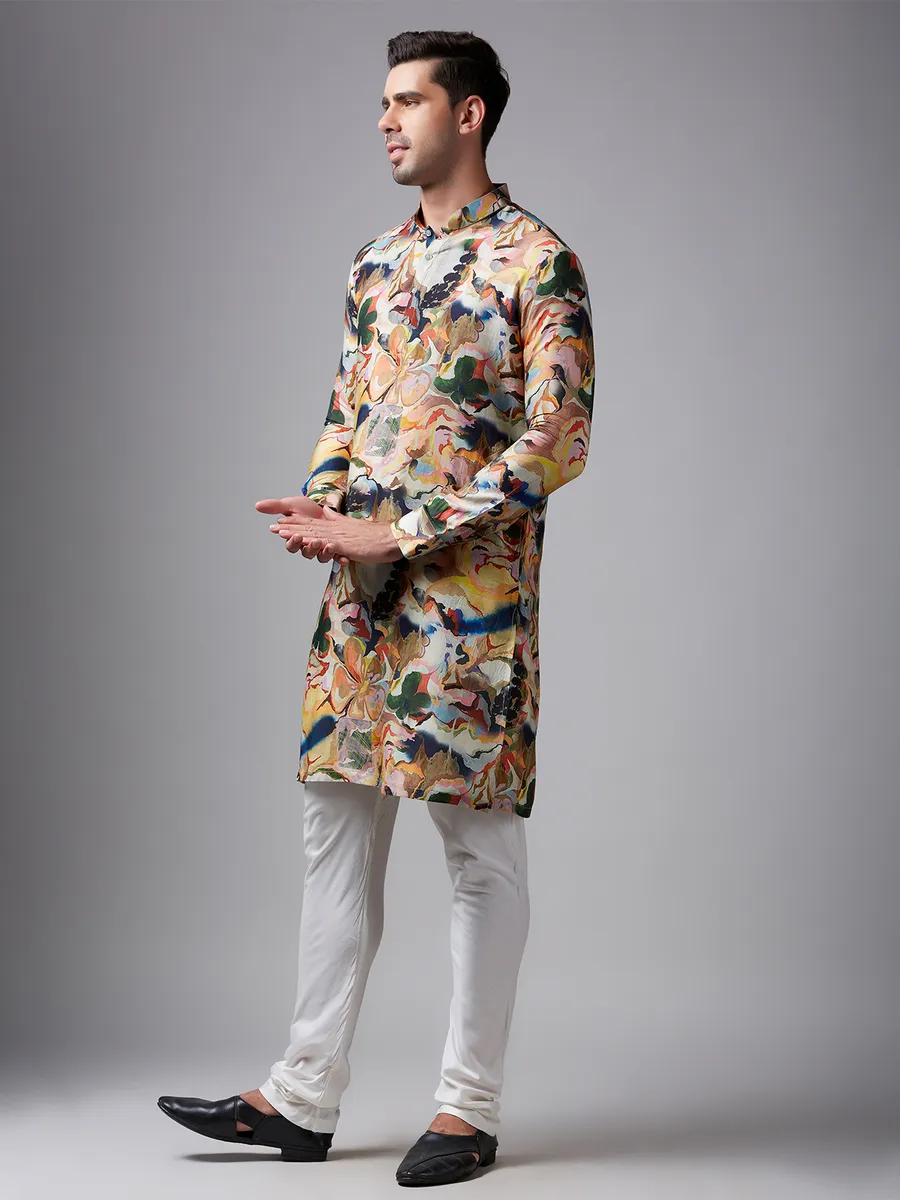 Dazzling yellow silk printed kurta  suit