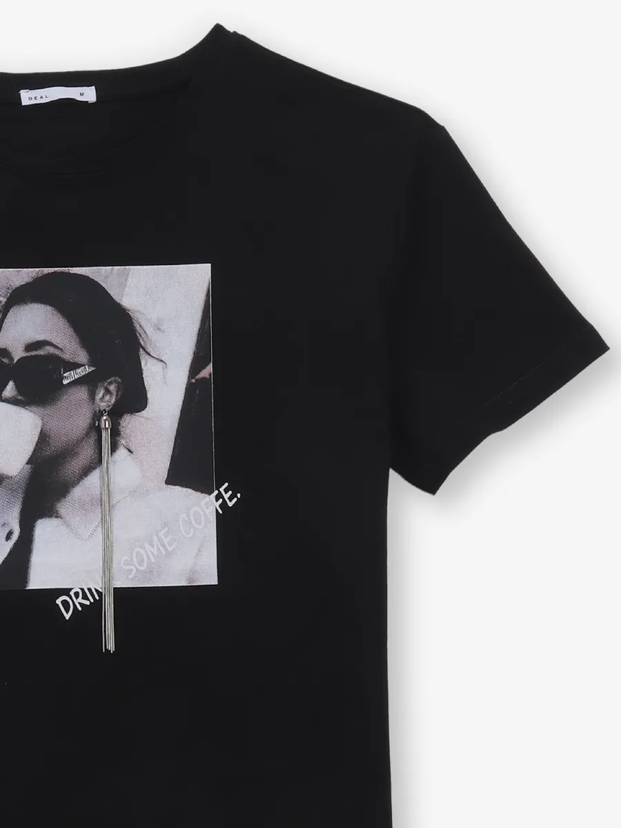 DEAL black printed cotton half sleeves t-shirt