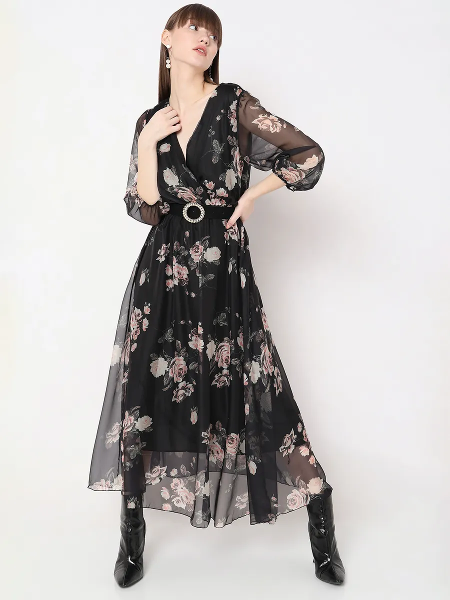 Deal black printed soft organza dress