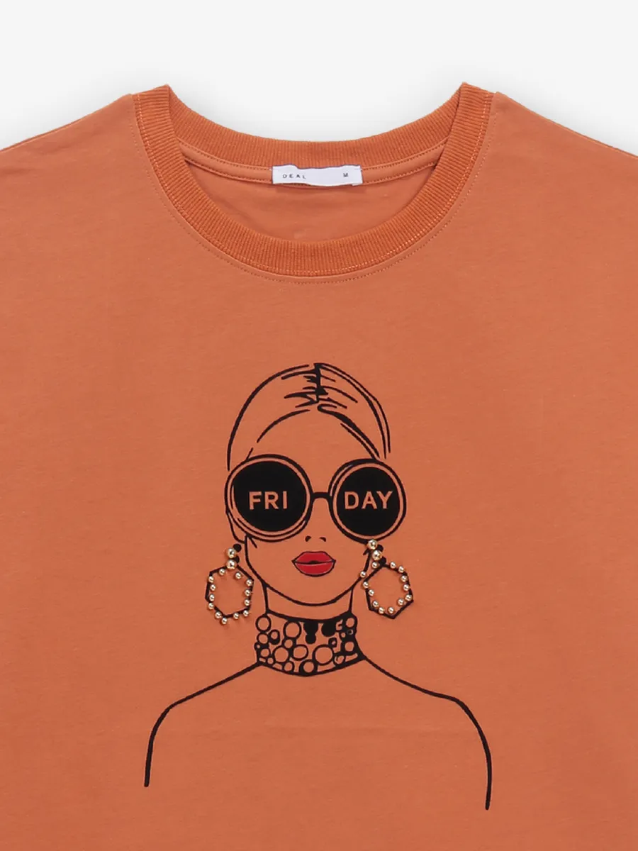 DEAL bright brown cotton printed t-shirt