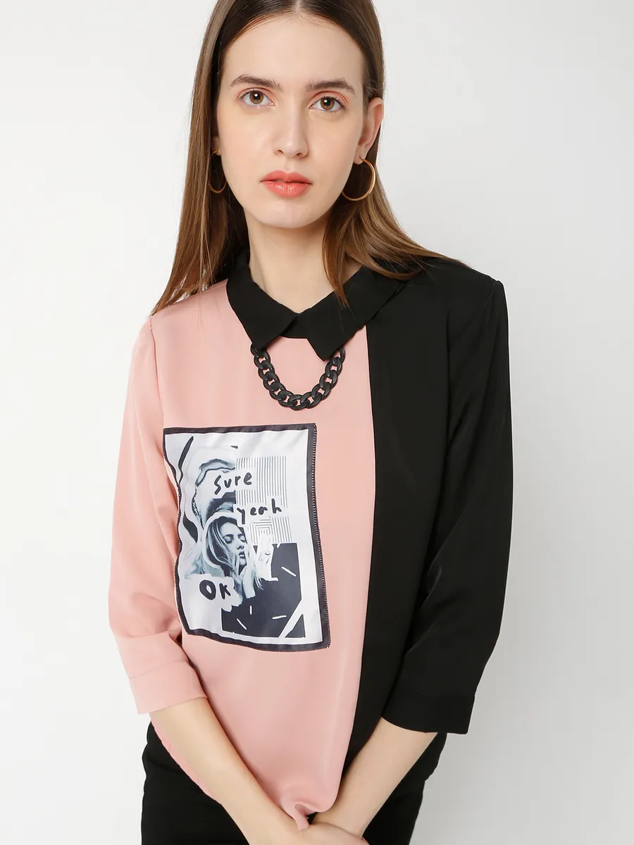 Deal peach and black printed top in rayon cotton