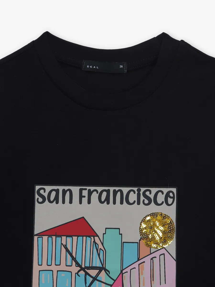 DEAL printed black cotton t-shirt with round neck