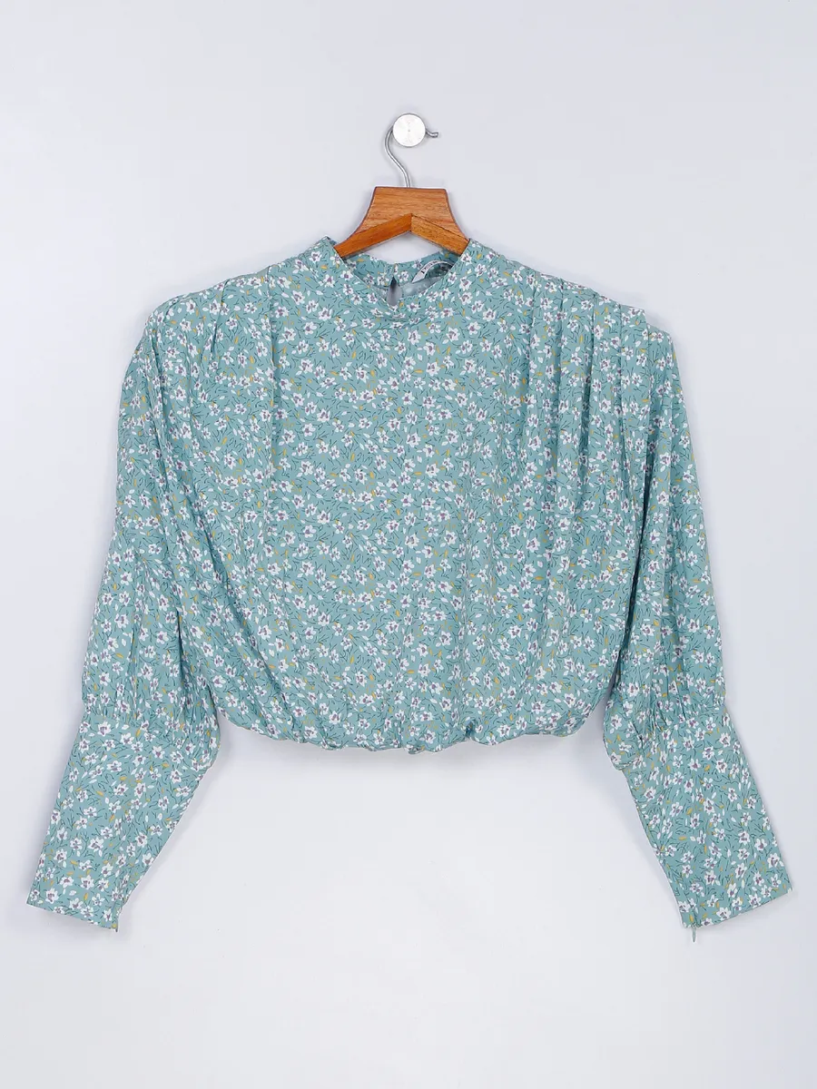 Desi Belle sea green silk printed crop top