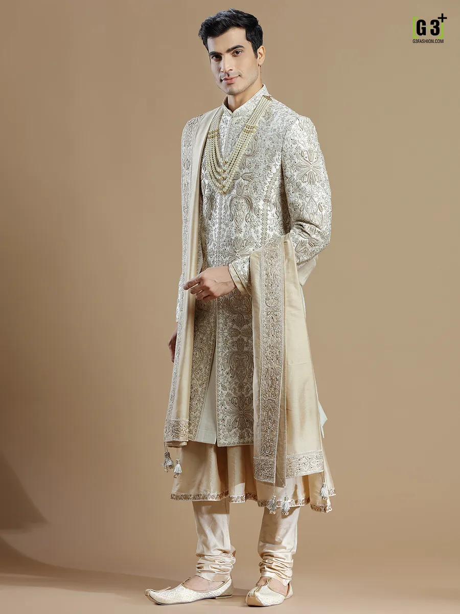 Designer cream color raw silk fabric sherwani