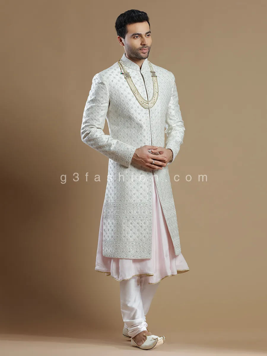 Designer off white color raw silk fabric sherwani